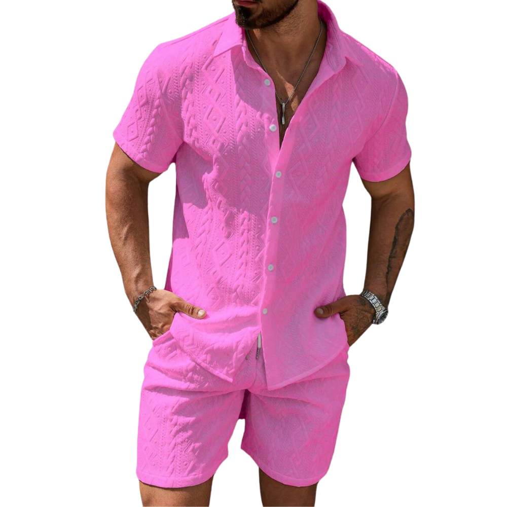 Men Casual Solid Color Textured Shirt And Shorts Set