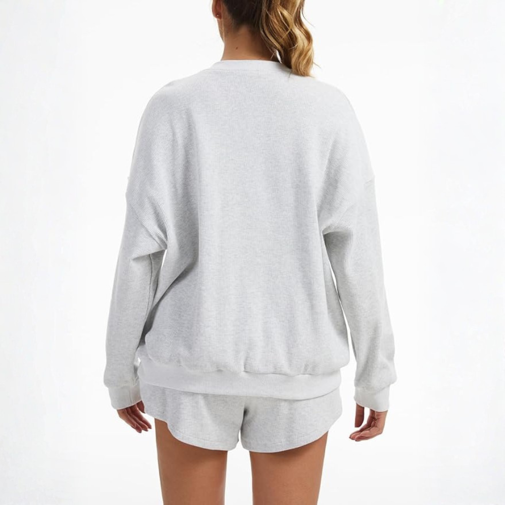 2 Piece Oversized Waffle Knit Lounge Set Long Sleeve Sweatshirt and High Waisted Shorts