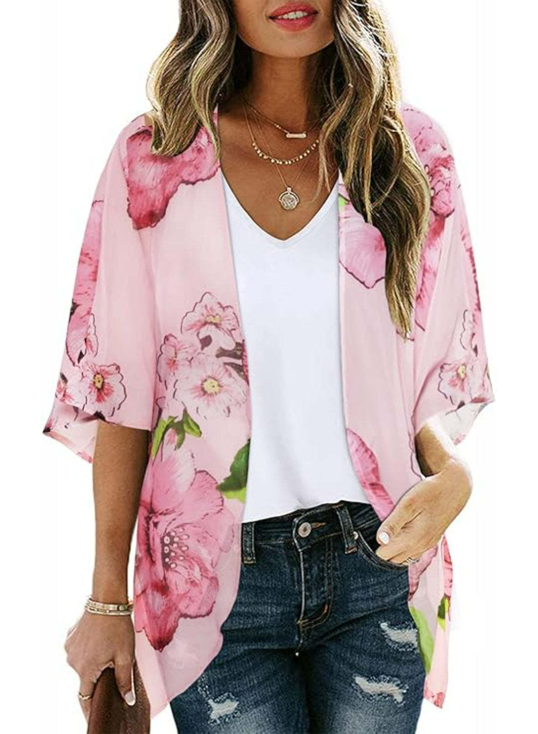 Floral Sheer Kimono Cardigan With Sheer Lightweight Fabric