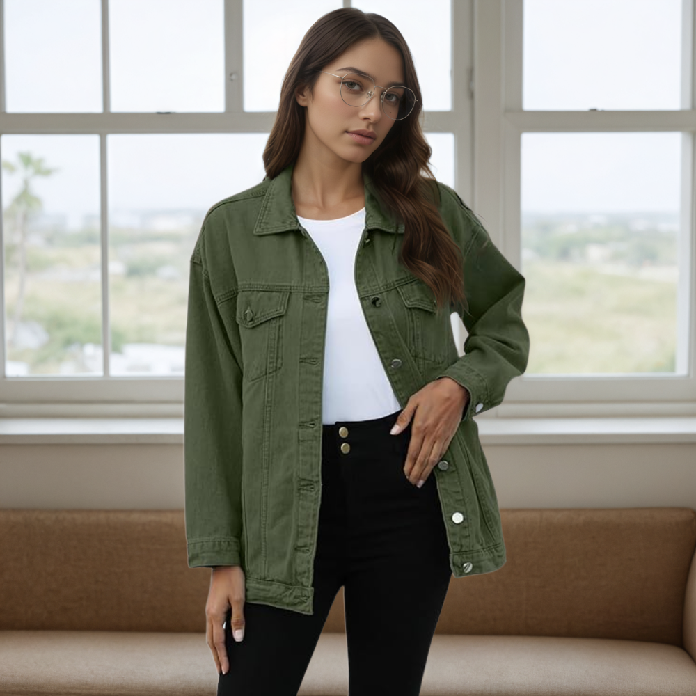 Women’s Oversized Mid Long Denim Jacket Casual Jean Biker Coat
