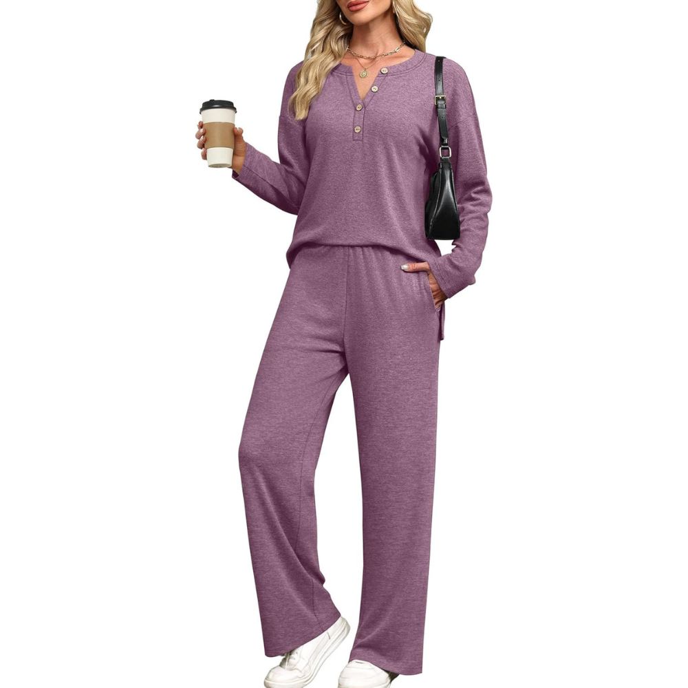 Lounge Sets for Women 2 Piece V Neck Button Matching Sweatsuit Loungewear