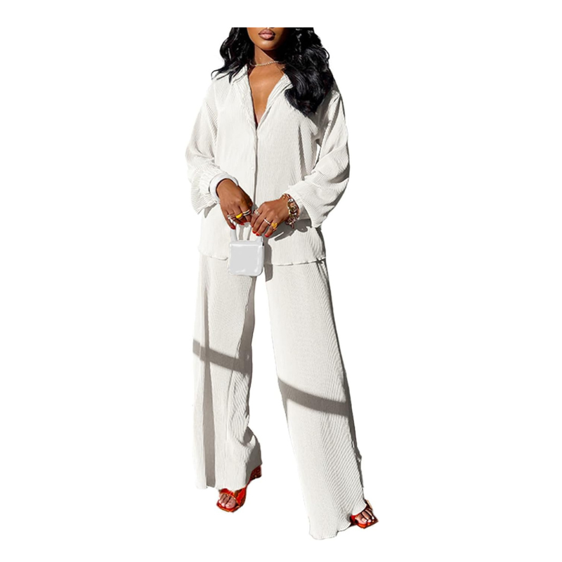 Flare Pleated Wide Leg Pants Co-Ord Sets-Cozy Knit Sets