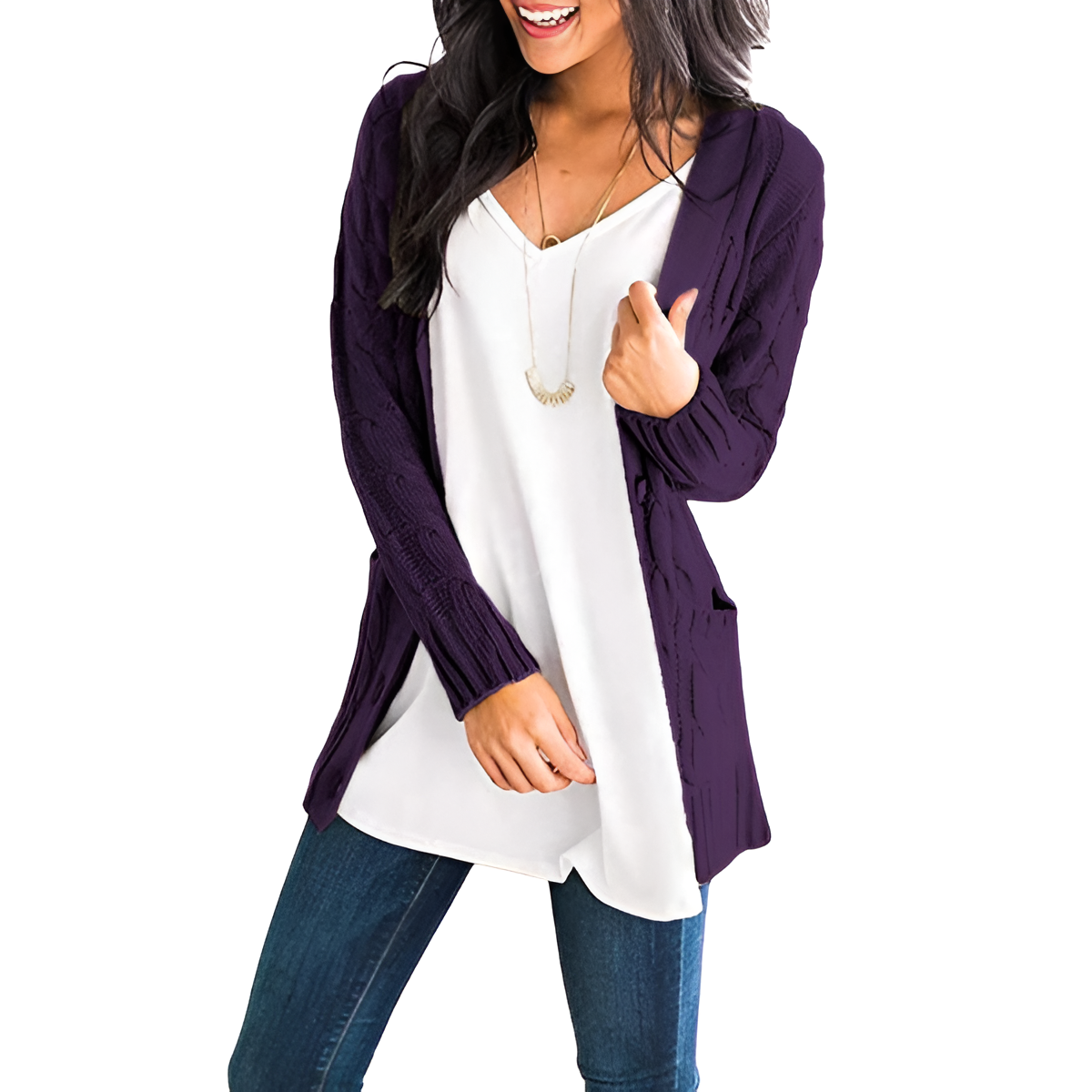 Cable Knit Button Front Open Cardigan