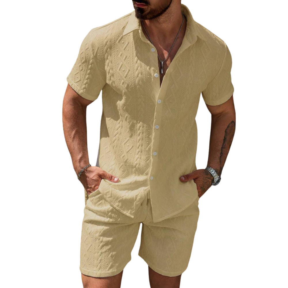 Men Casual Solid Color Textured Shirt And Shorts Set