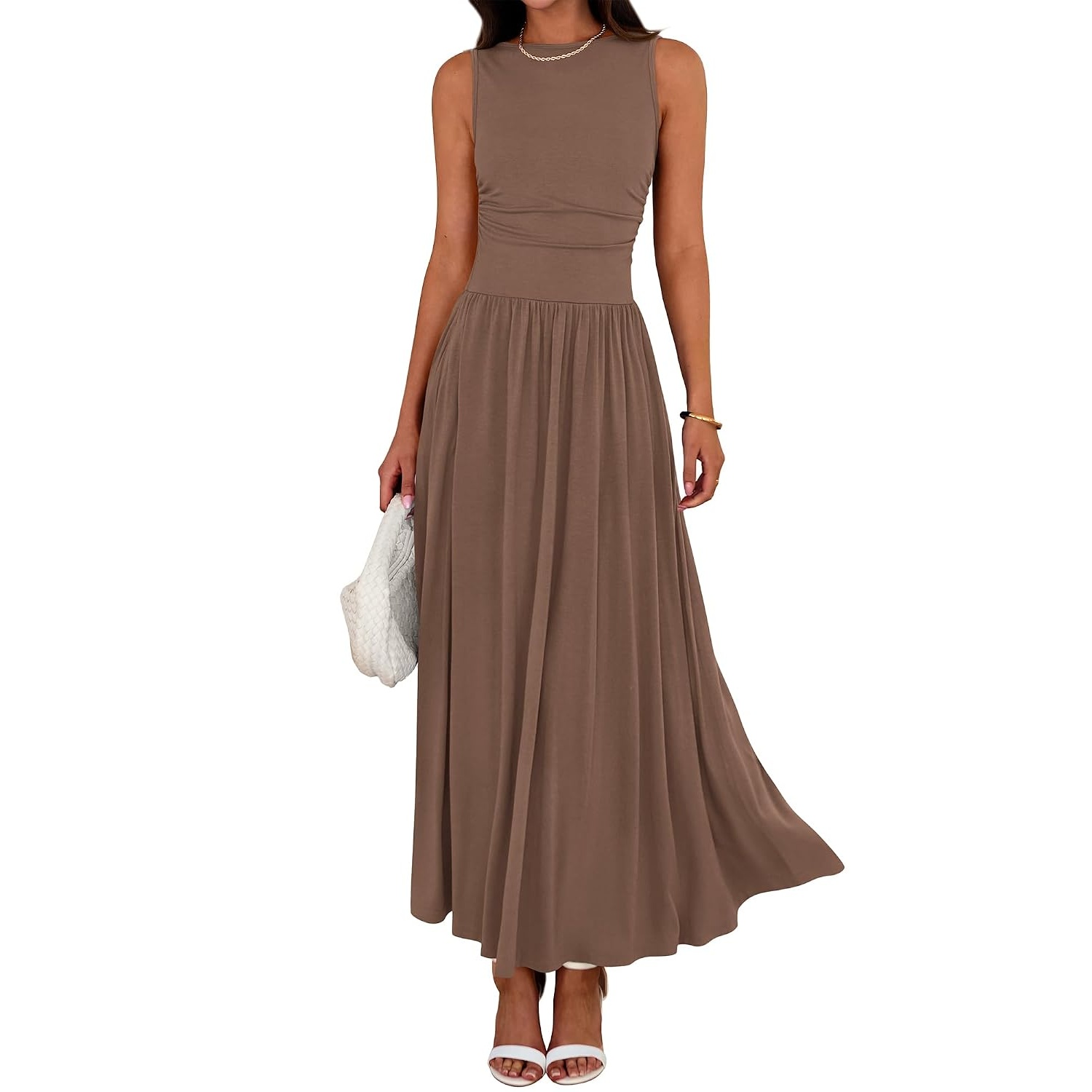 Casual Sleeveless Ruched High Rise Long Dress For Women