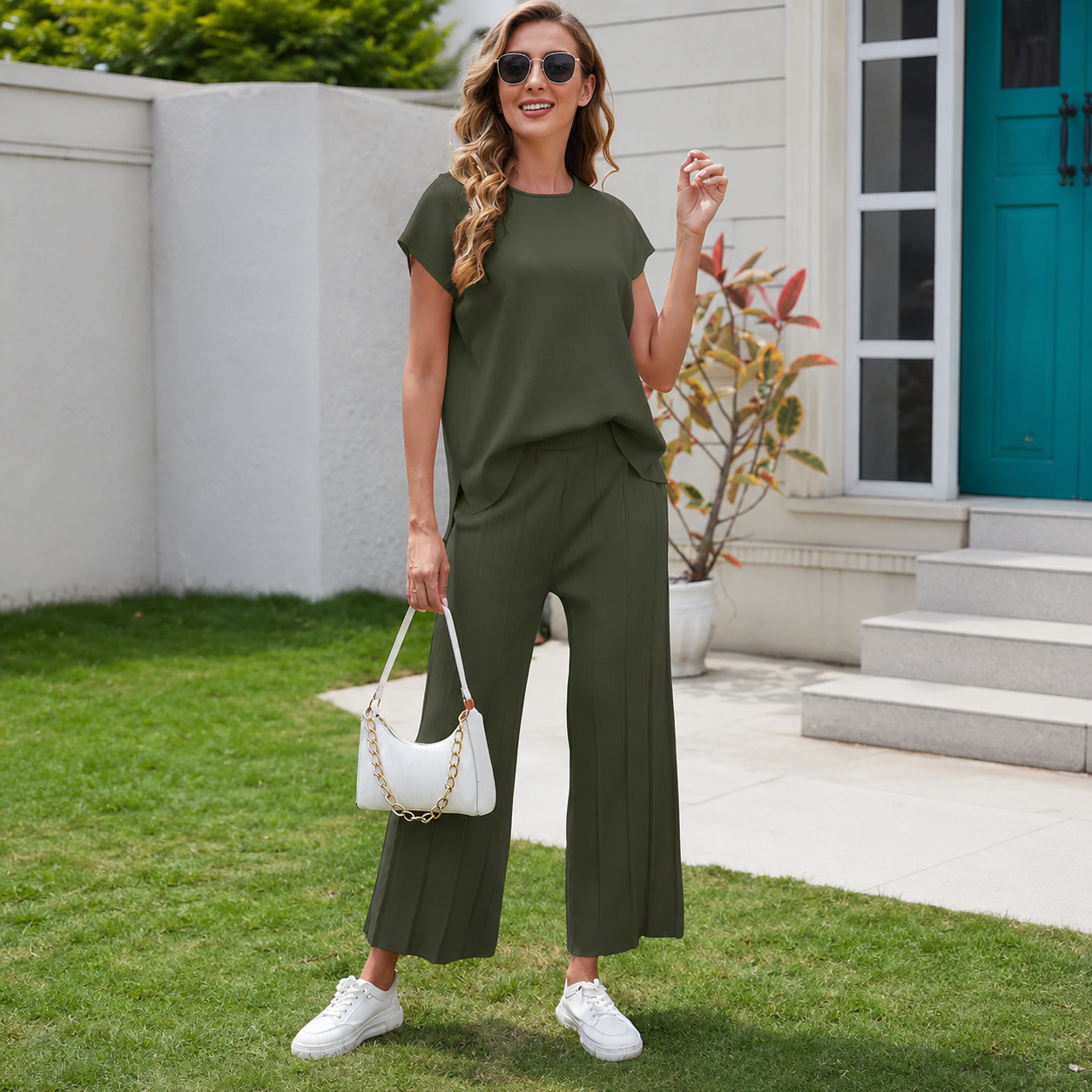 Casual Pleated Set Cap Sleeve Lounge For Women