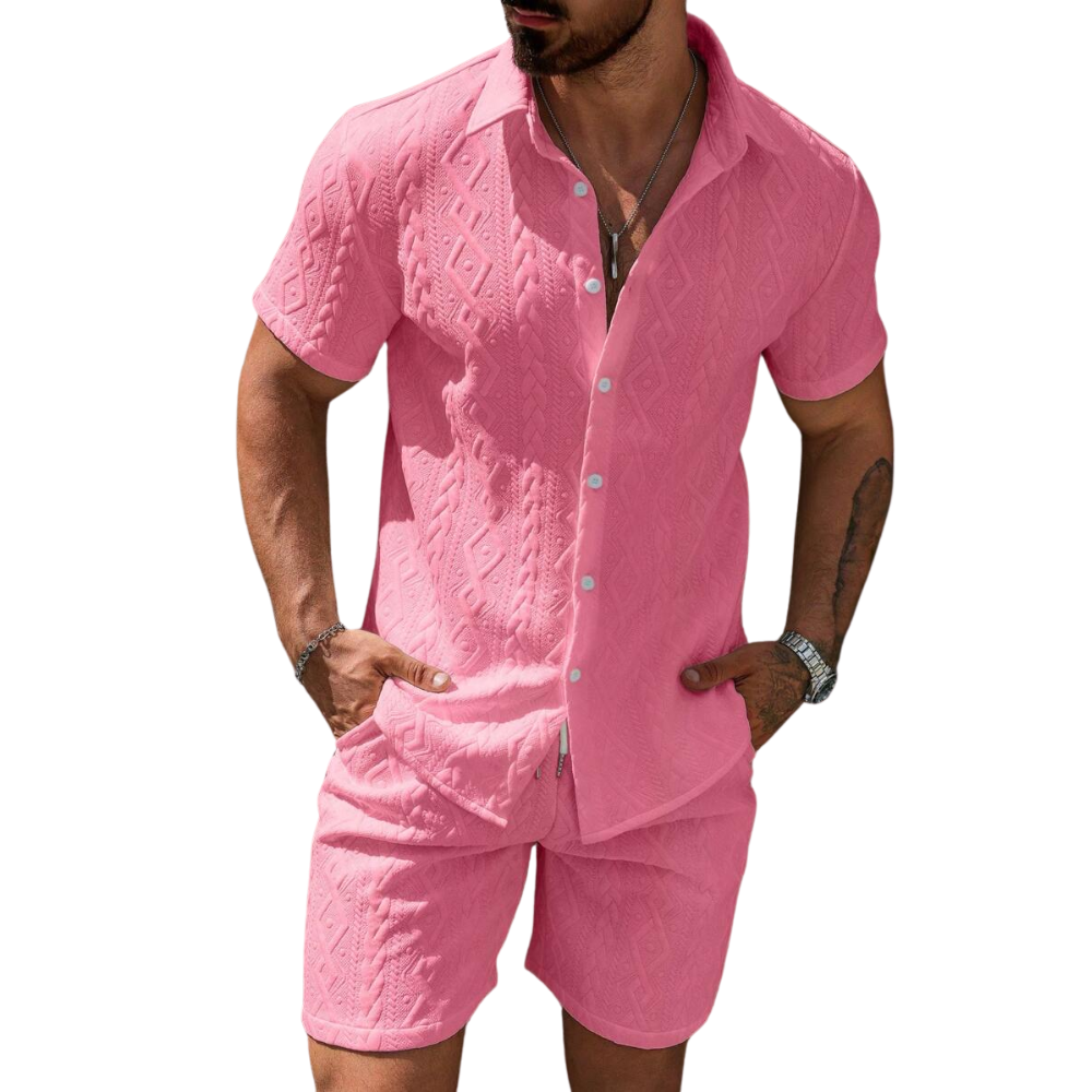 Men Casual Solid Color Textured Shirt And Shorts Set