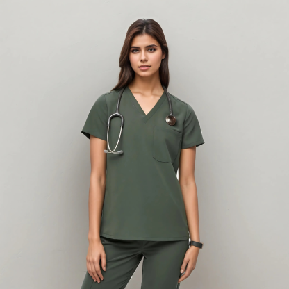Classic Women Scrub Top With Short Sleeves And Single Chest Pocket