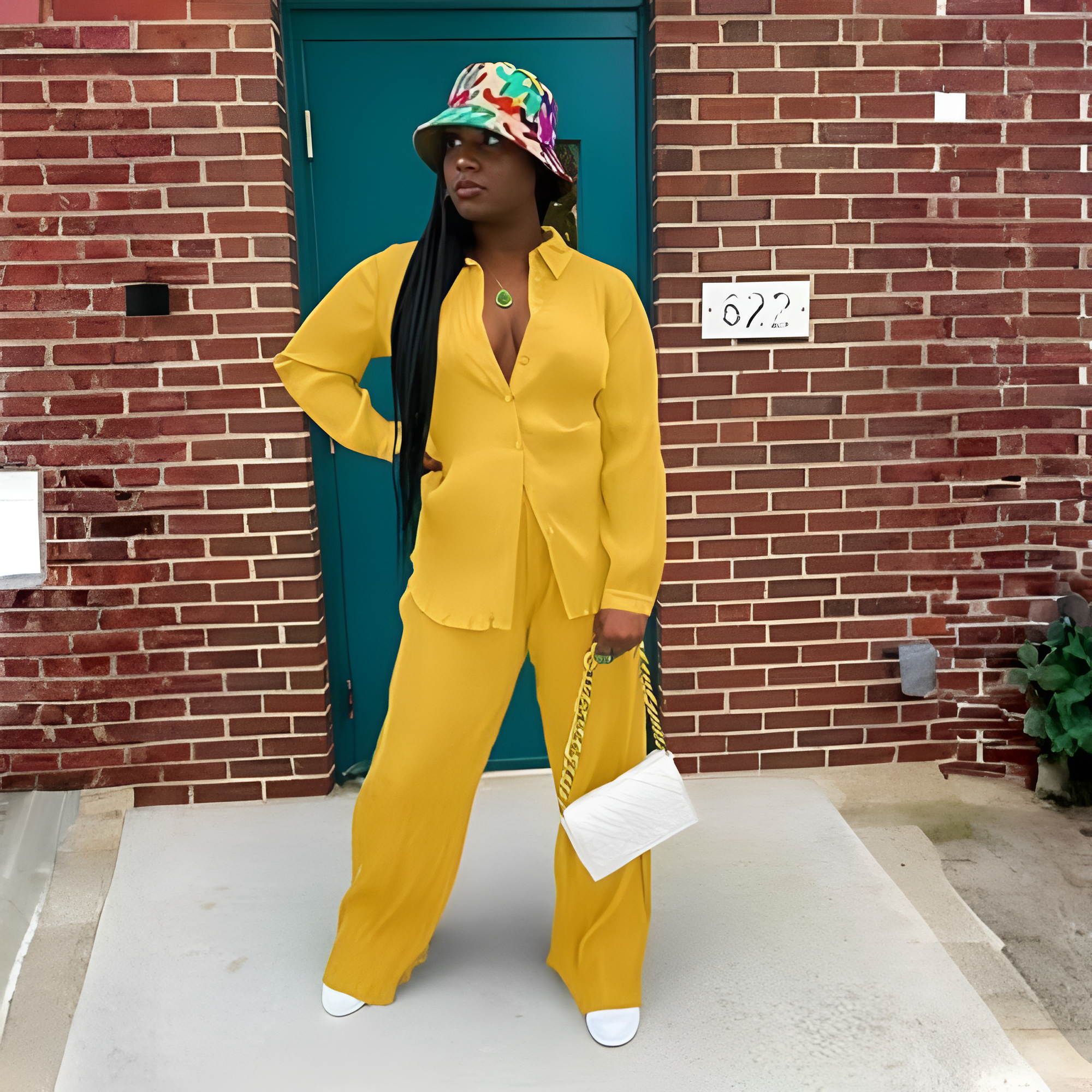 2 Piece Button Down Shirt And Pleated Pants Set For Women