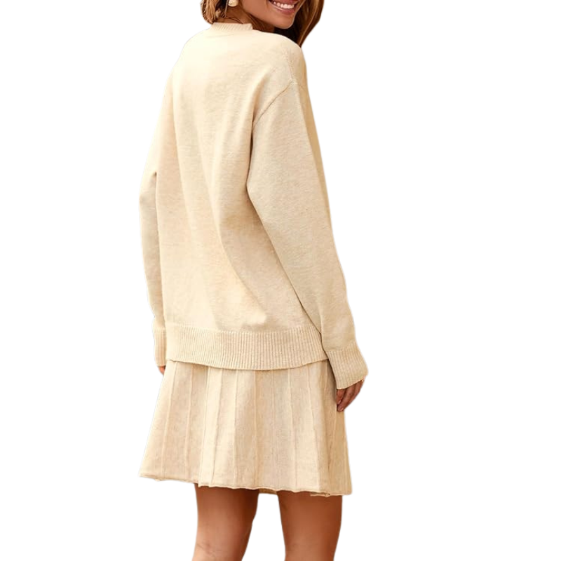 Womens Skirt 2 Piece Sweater Set Long Sleeve Crewneck Sweaters Pleated Mini Skirt Knit Lounge Sets