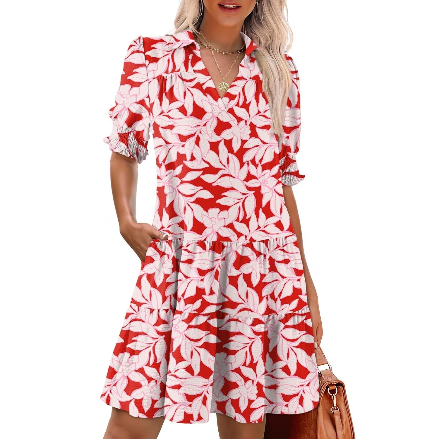 Casual Pleated Summer Lapel Collared Mid Sleeved Dress