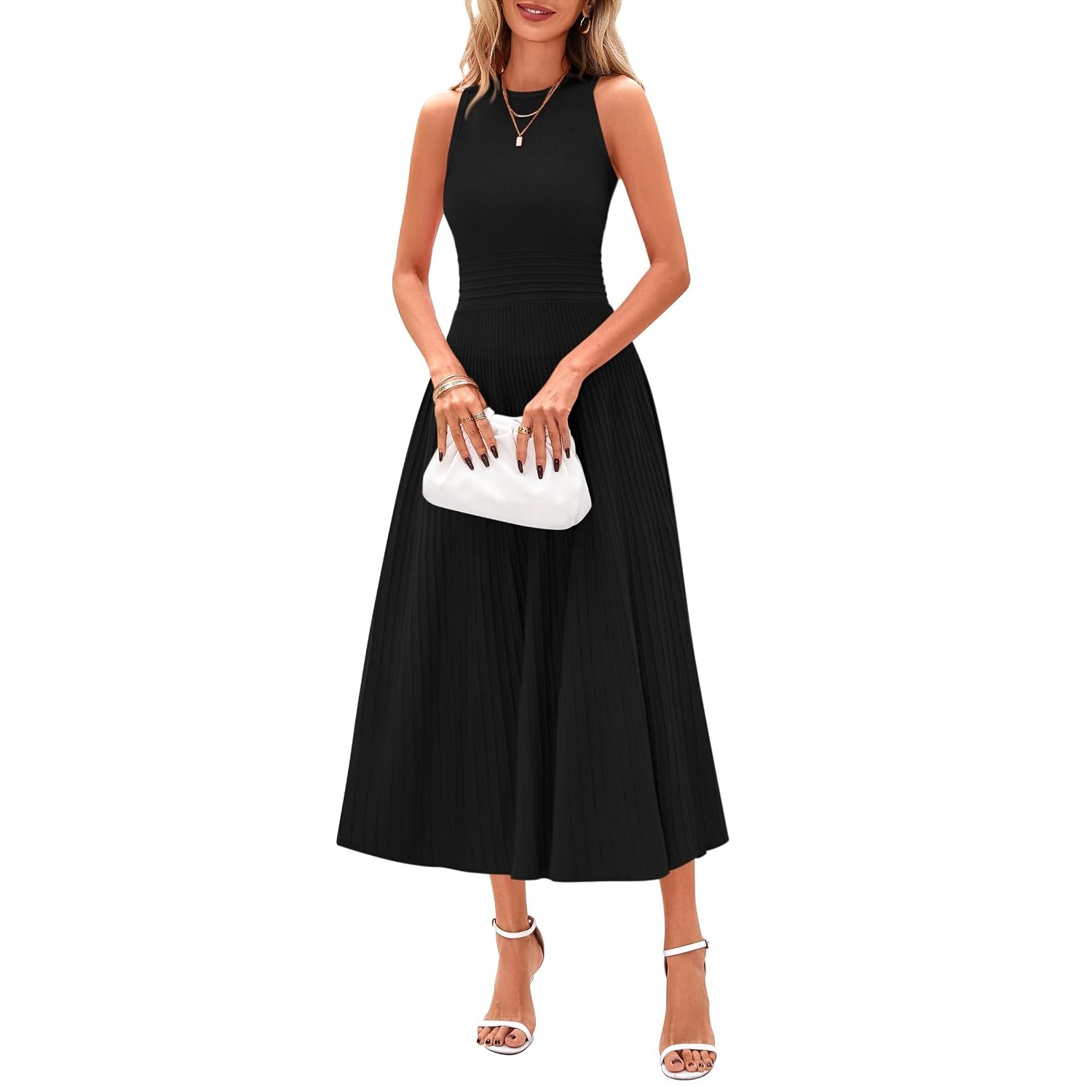 Casual Sleeveless Midi Dress With Pleated Design For Women