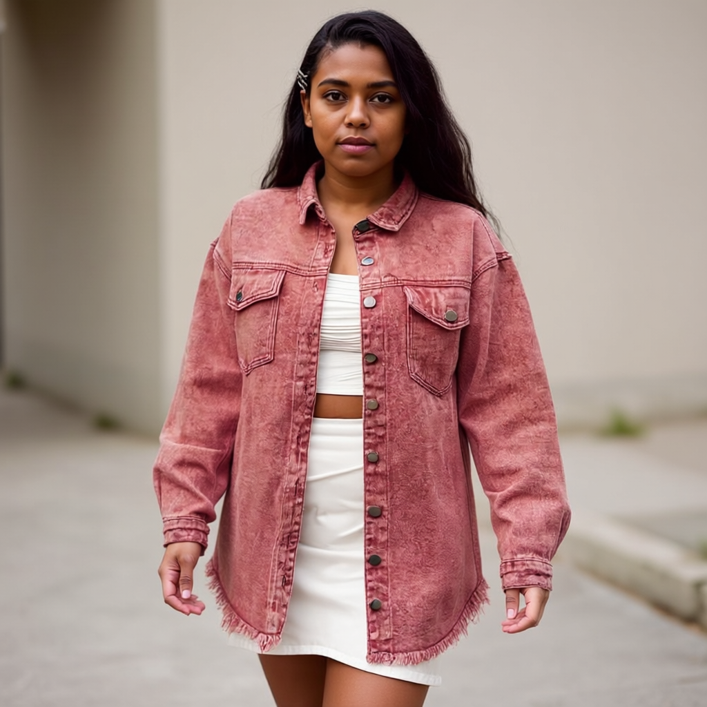 Oversized Denim Shacket With Frayed Hem And Pockets