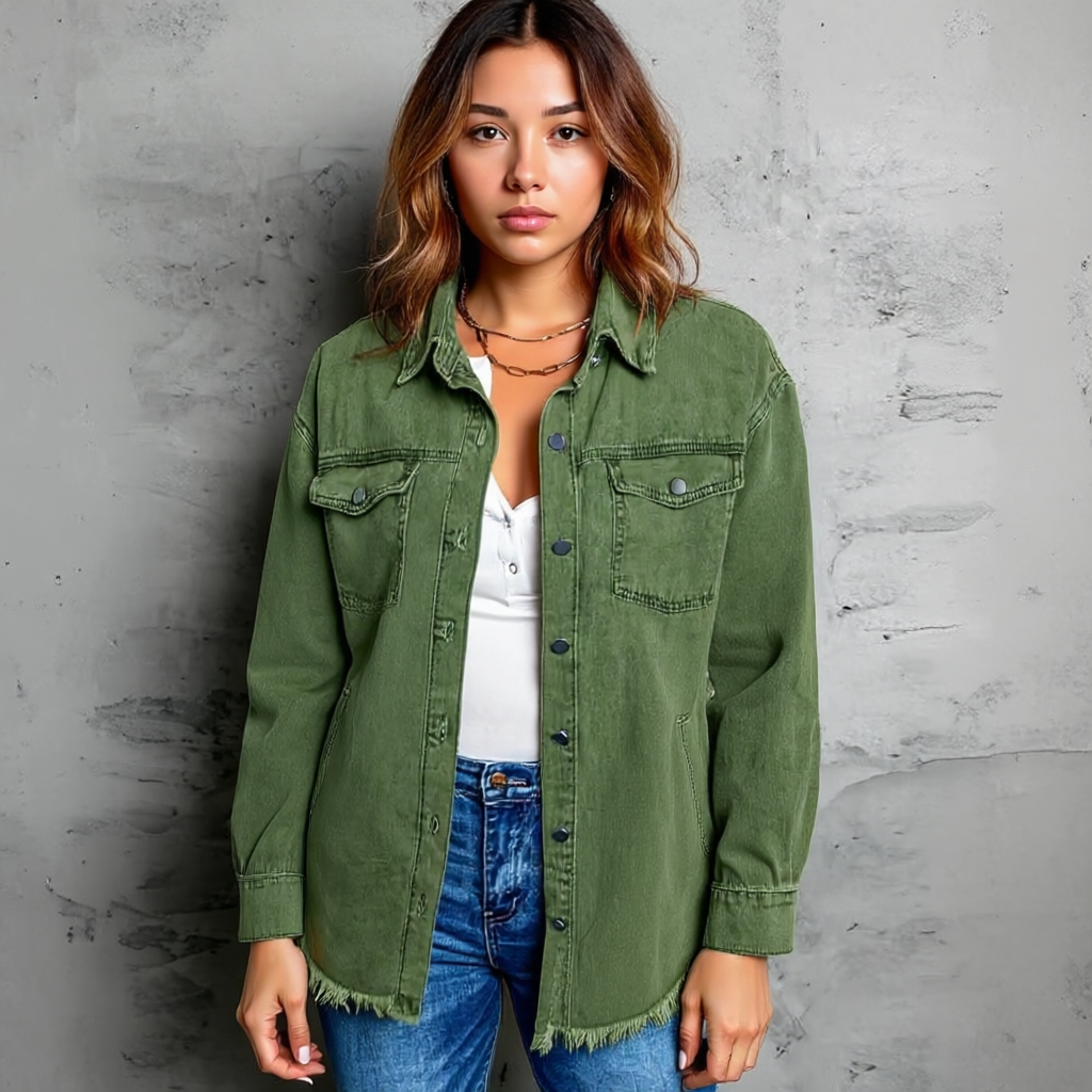 Oversized Denim Shacket With Frayed Hem And Pockets