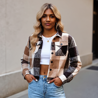 Plaid Button Down Cropped Jacket
