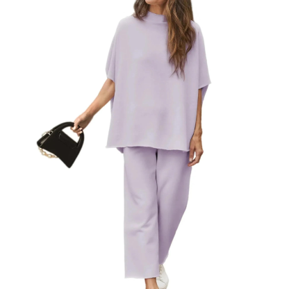 Batwing Sleeve And Wide Length Trousers Set-Cozy Knit Sets