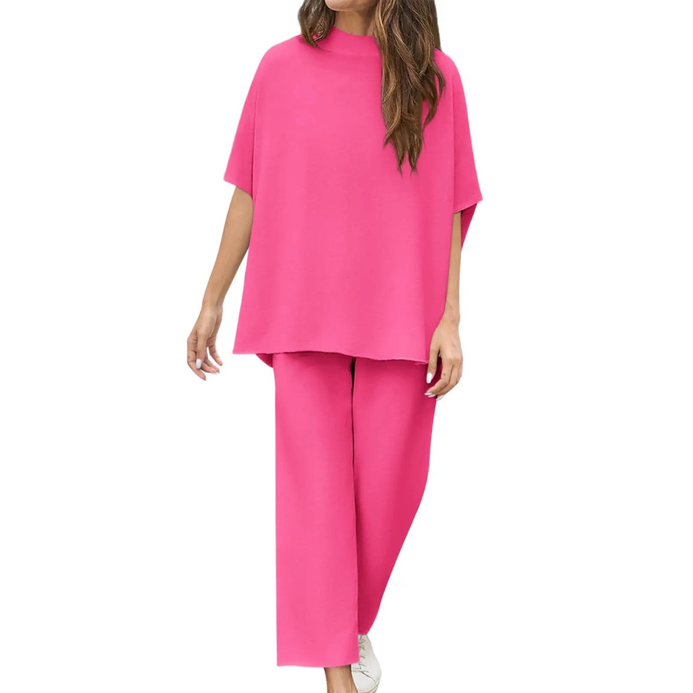 Batwing Sleeve And Wide Length Trousers Set-Cozy Knit Sets