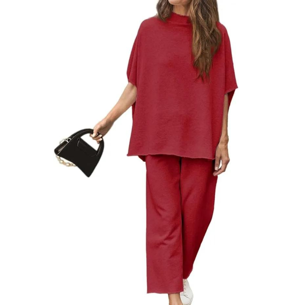 Batwing Sleeve And Wide Length Trousers Set-Cozy Knit Sets