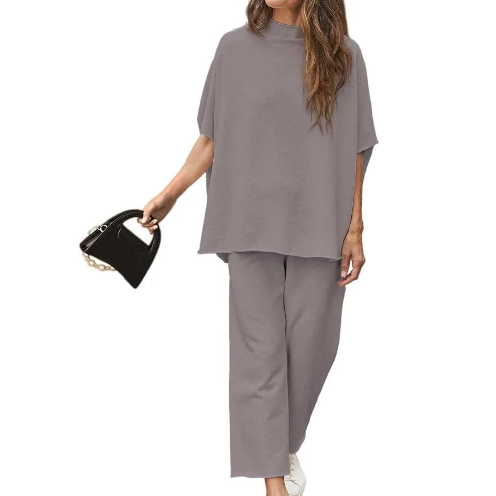 Batwing Sleeve And Wide Length Trousers Set-Cozy Knit Sets
