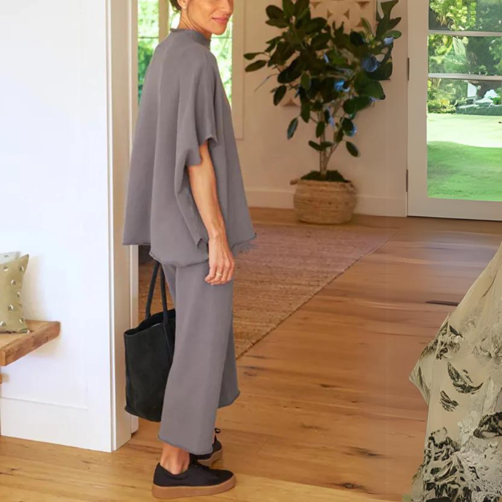 Batwing Sleeve And Wide Length Trousers Set-Cozy Knit Sets