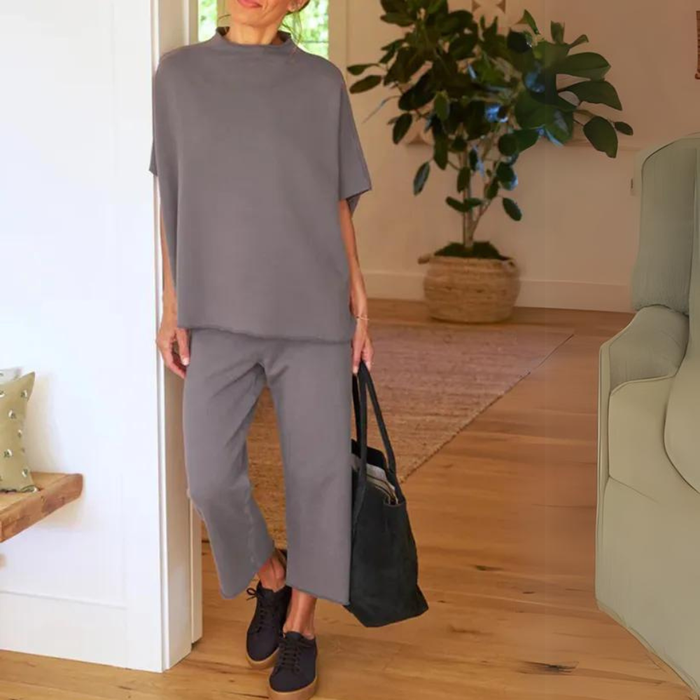 Batwing Sleeve And Wide Length Trousers Set-Cozy Knit Sets