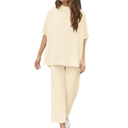 Batwing Sleeve And Wide Length Trousers Set-Cozy Knit Sets