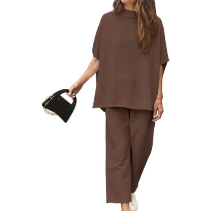 Batwing Sleeve And Wide Length Trousers Set-Cozy Knit Sets