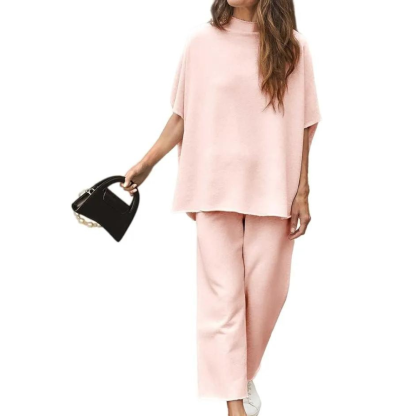 Batwing Sleeve And Wide Length Trousers Set-Cozy Knit Sets