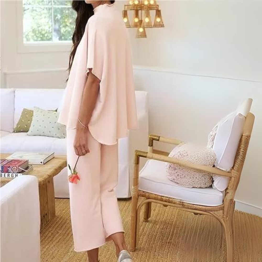 Batwing Sleeve And Wide Length Trousers Set-Cozy Knit Sets