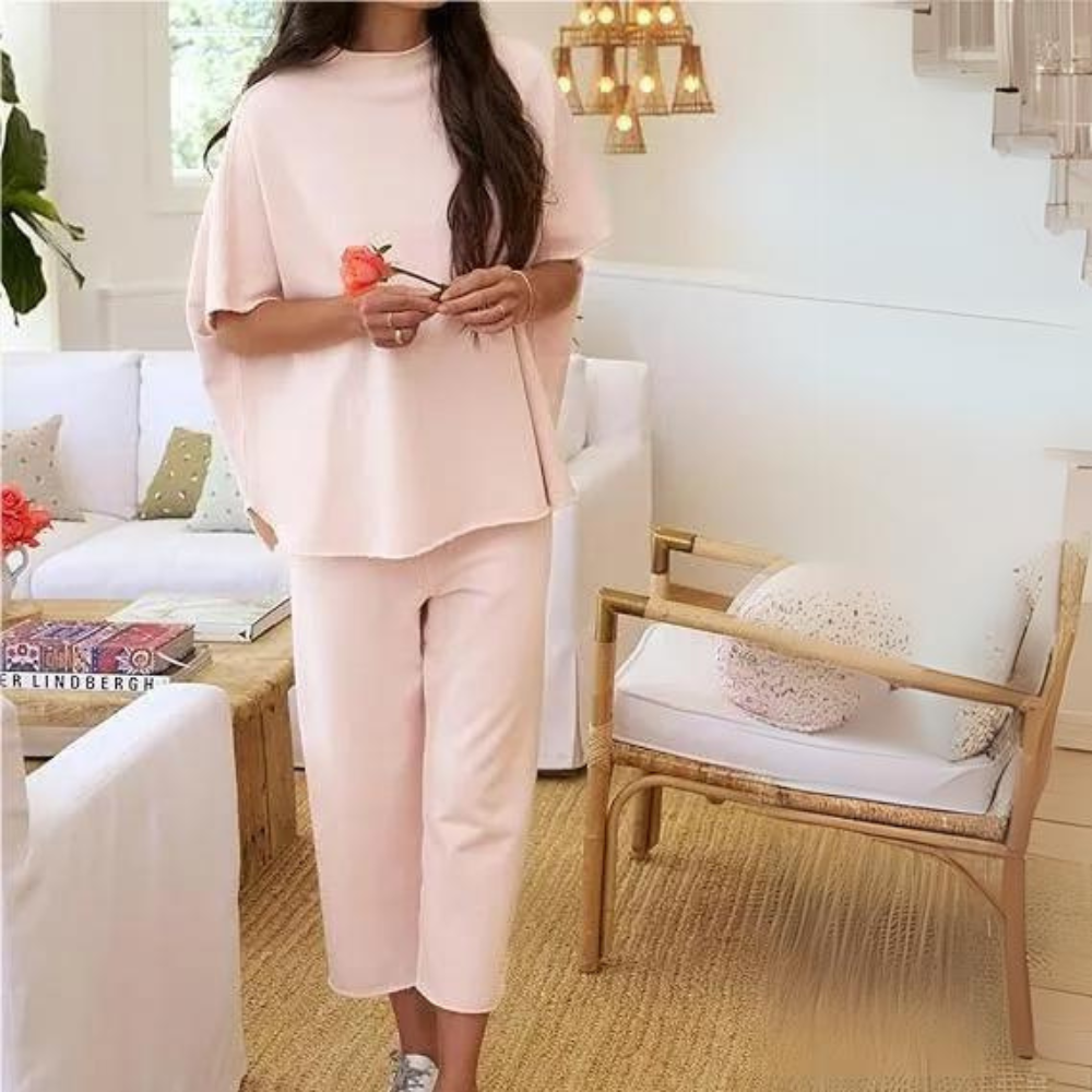 Batwing Sleeve And Wide Length Trousers Set-Cozy Knit Sets
