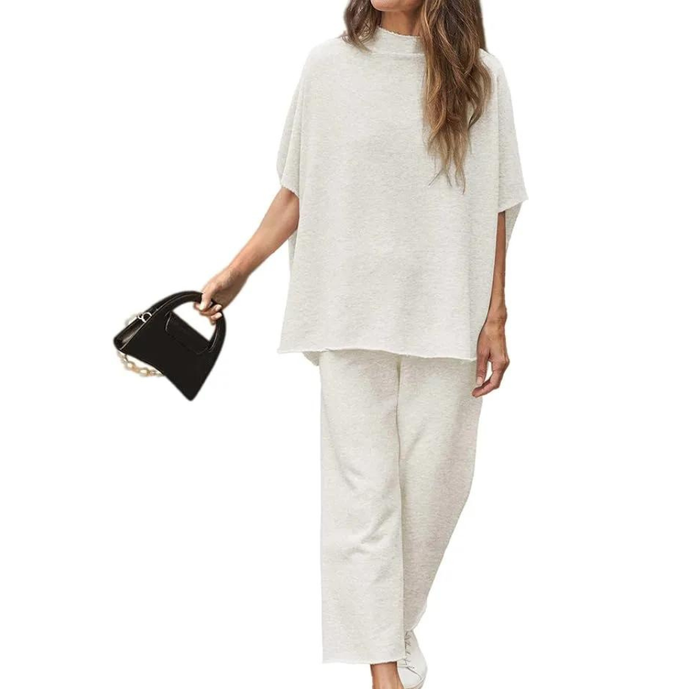 Batwing Sleeve And Wide Length Trousers Set-Cozy Knit Sets