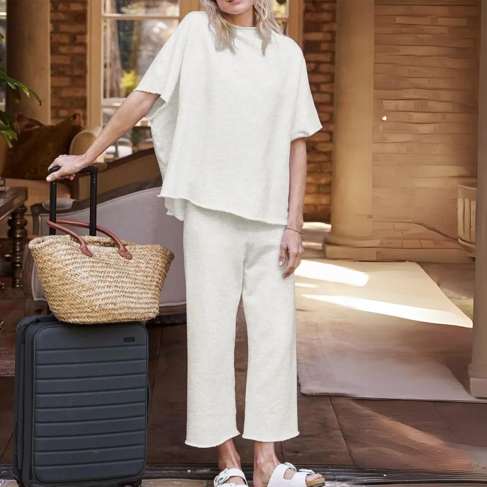 Batwing Sleeve And Wide Length Trousers Set-Cozy Knit Sets