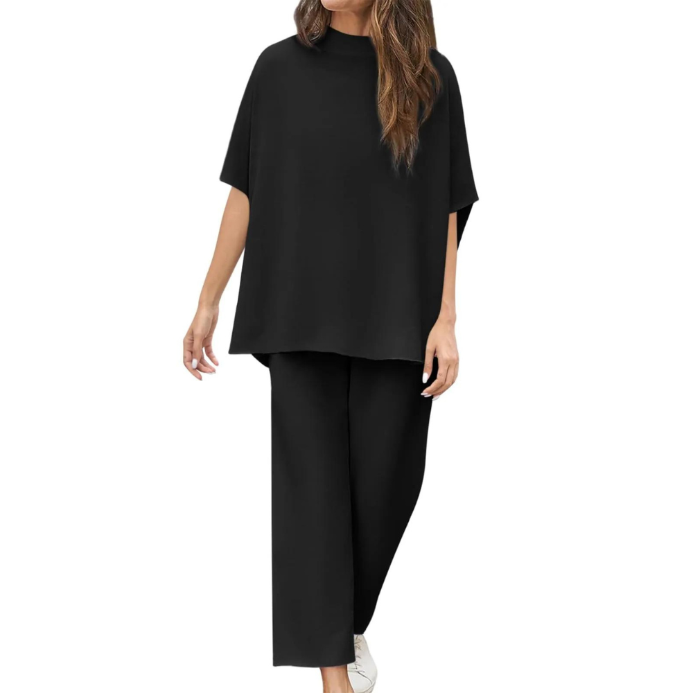 Batwing Sleeve And Wide Length Trousers Set-Cozy Knit Sets