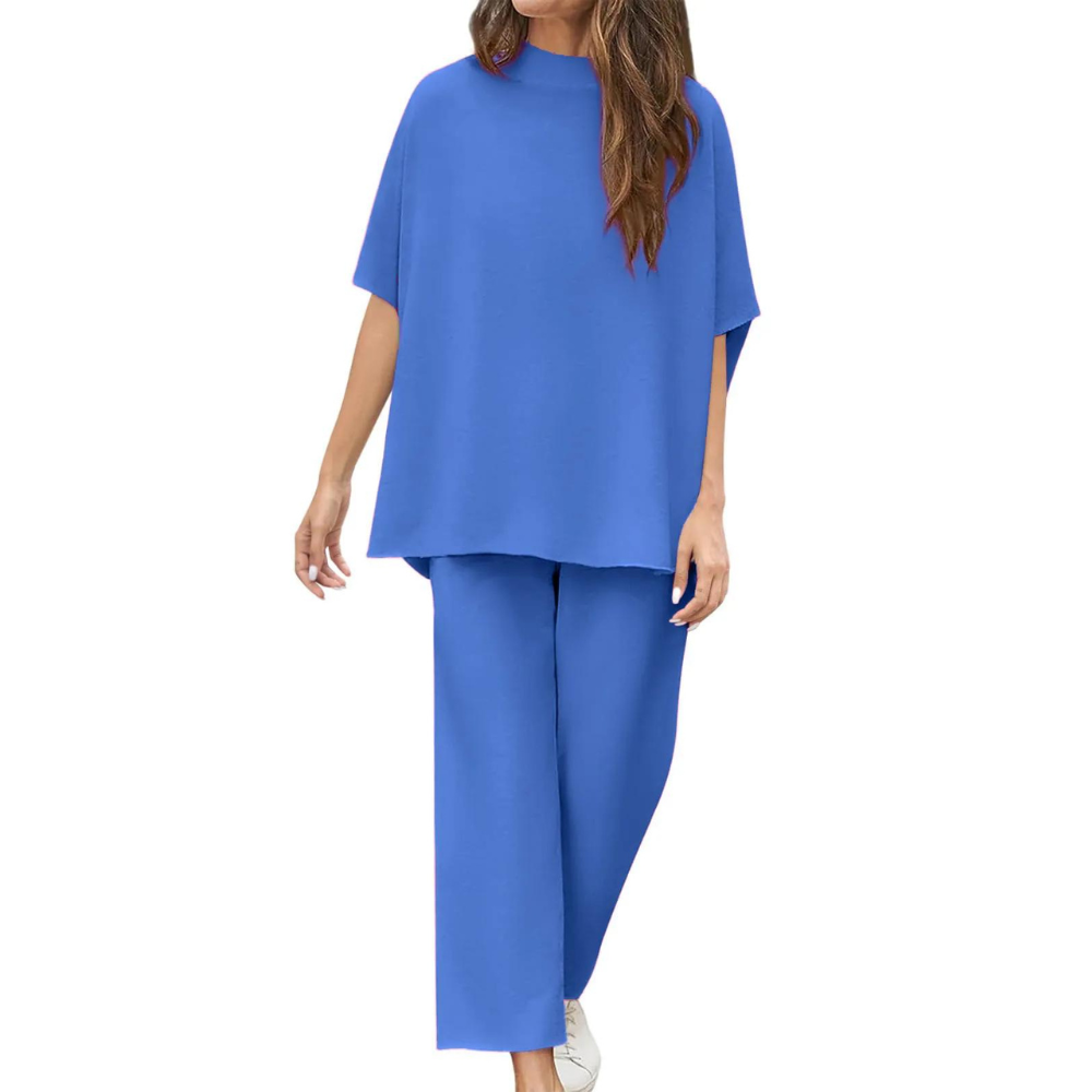 Batwing Sleeve And Wide Length Trousers Set-Cozy Knit Sets