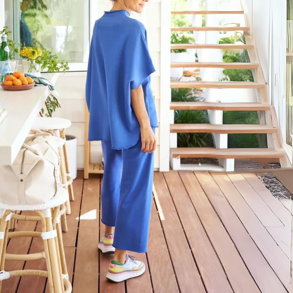 Batwing Sleeve And Wide Length Trousers Set-Cozy Knit Sets