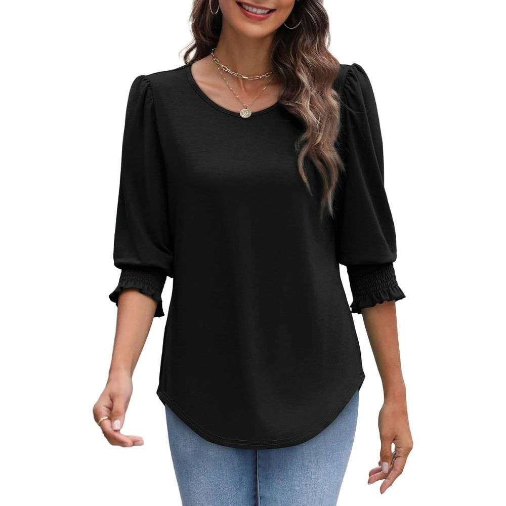 Dressy Casual 3/4 Length Sleeve Women's Tops with Smocked Cuffs