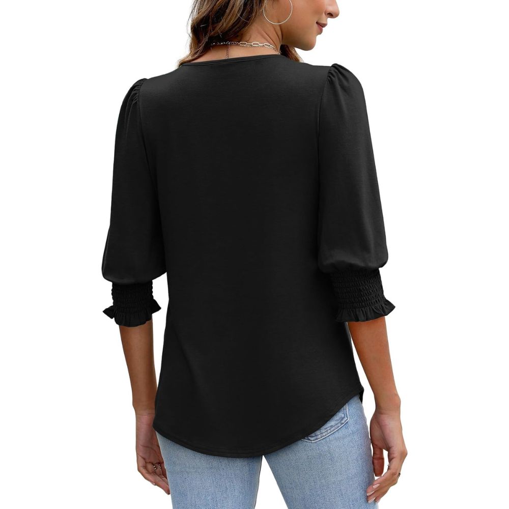 Dressy Casual 3/4 Length Sleeve Women's Tops with Smocked CuffsDressy Casual Tunic Top With Smocked Sleeve Cuffs And Curved Hem For Women - Image 6