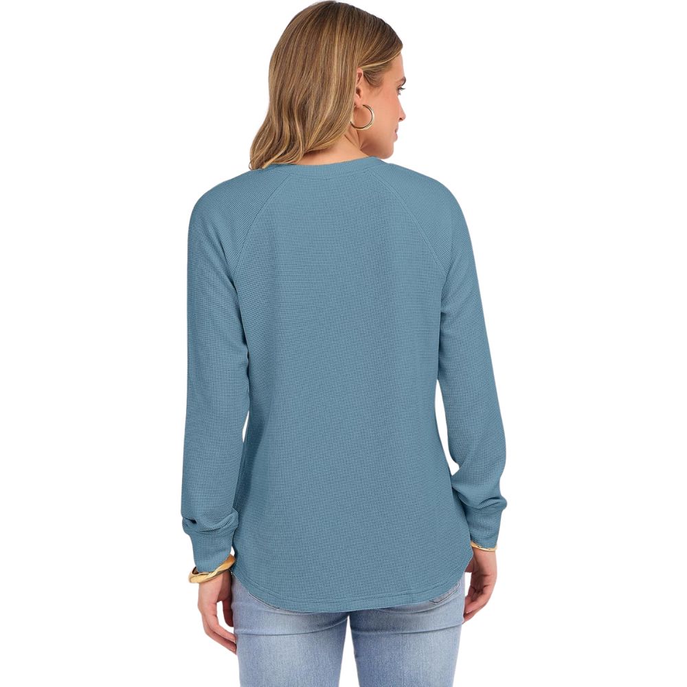 Women's Long Sleeve Waffle Knit Shirts Dressy Casual Loose Button Up V Neck