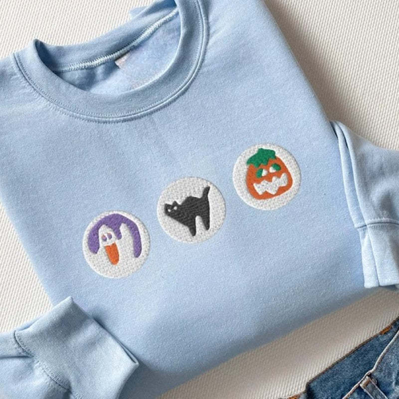 Boo And Pumpkin Embroidered Halloween Sweatshirt-Cozy Knit Sets