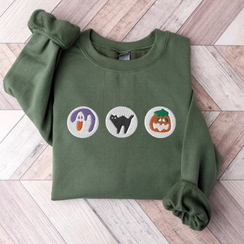 Boo And Pumpkin Embroidered Halloween Sweatshirt-Cozy Knit Sets