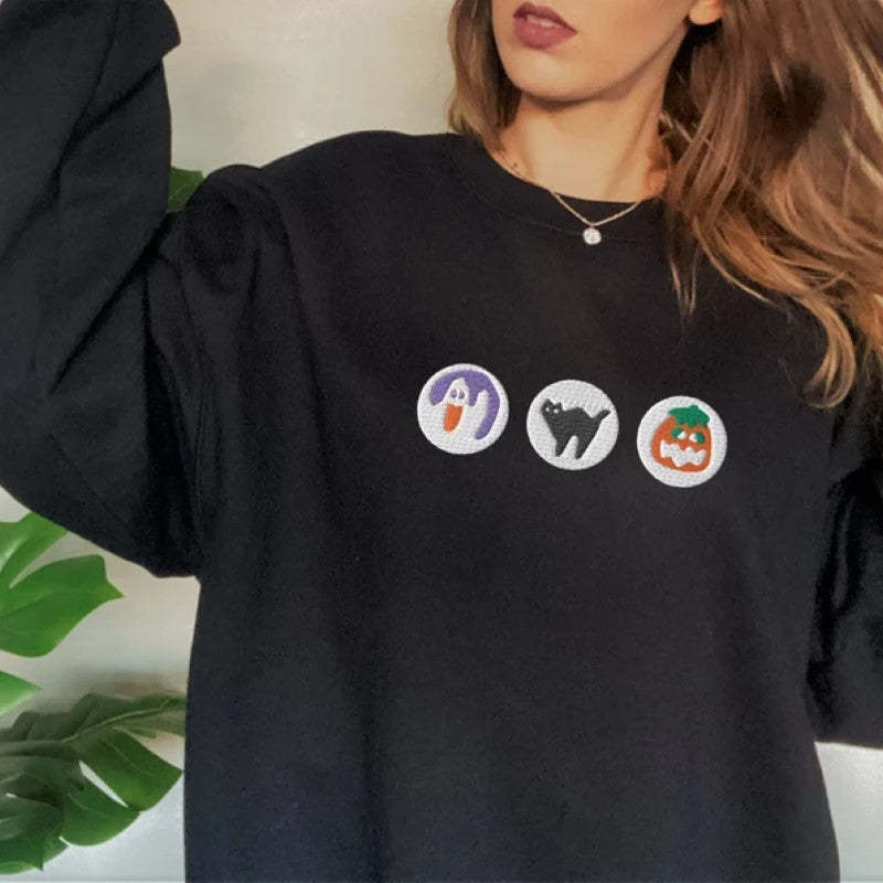 Boo And Pumpkin Embroidered Halloween Sweatshirt-Cozy Knit Sets