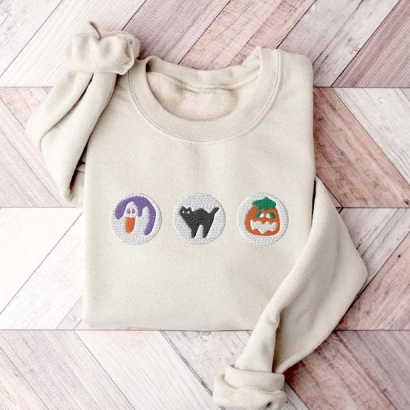 Boo And Pumpkin Embroidered Halloween Sweatshirt-Cozy Knit Sets