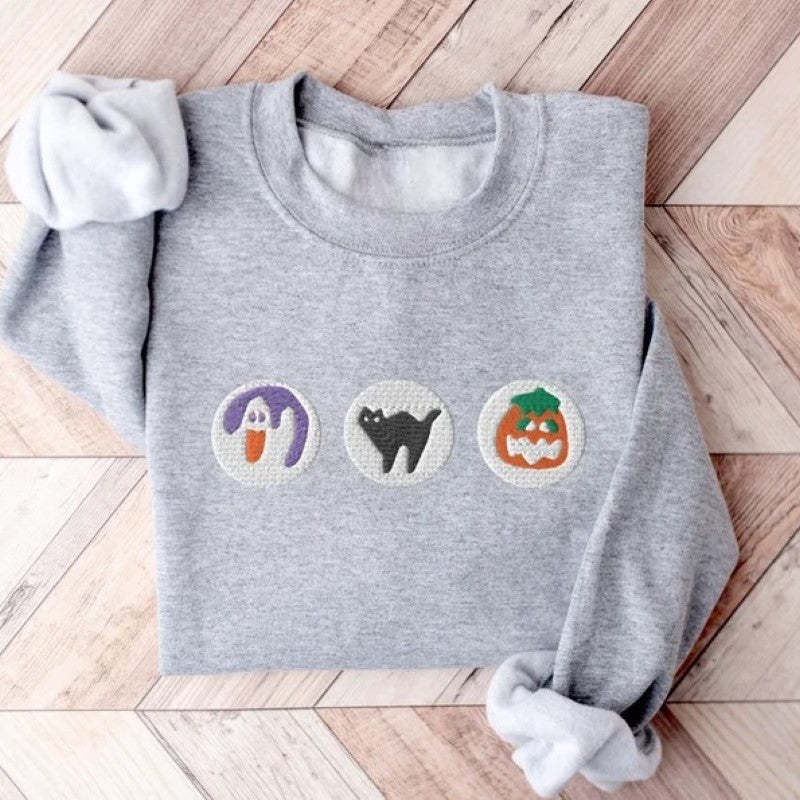 Boo And Pumpkin Embroidered Halloween Sweatshirt-Cozy Knit Sets