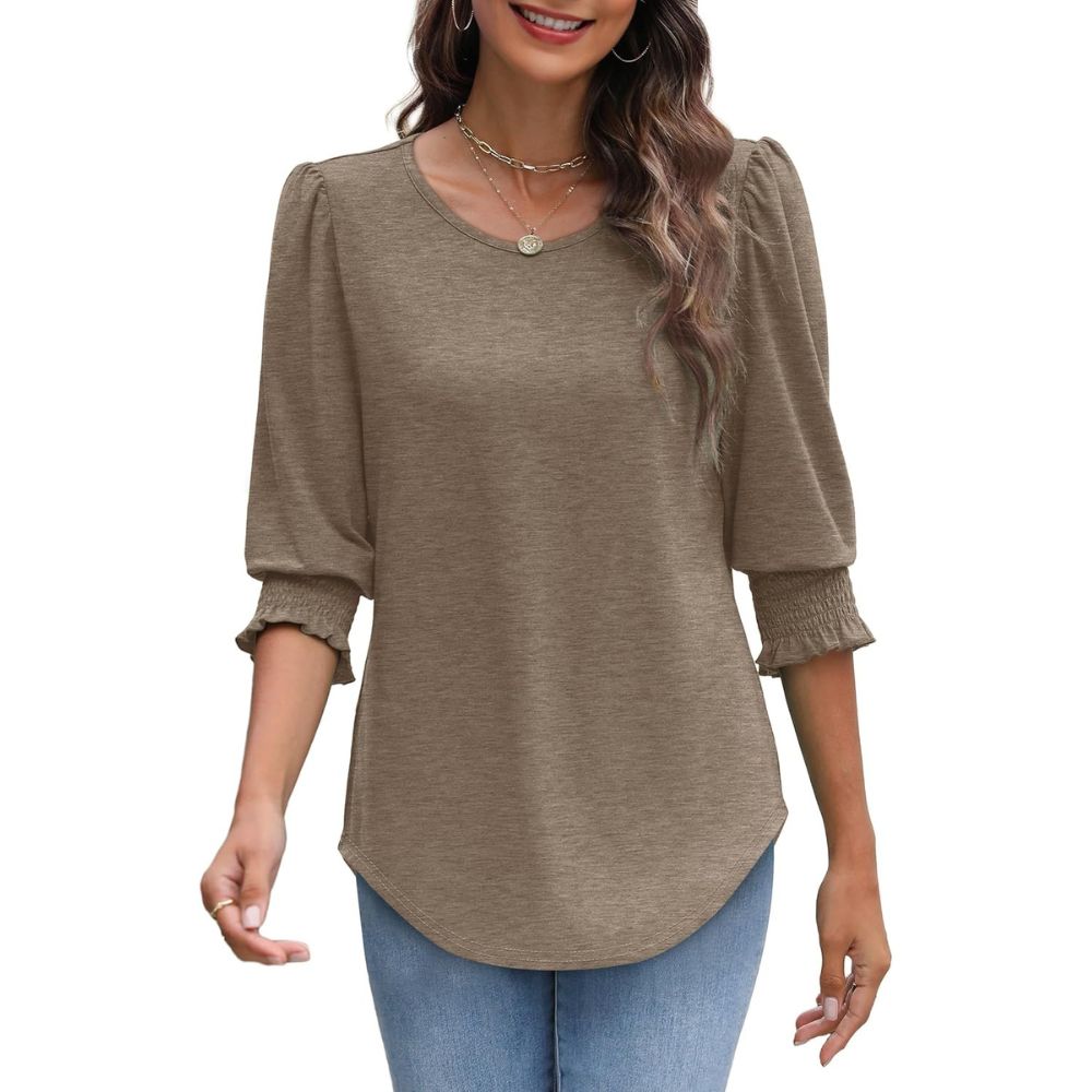 Dressy Casual 3/4 Length Sleeve Women's Tops with Smocked CuffsDressy Casual Tunic Top With Smocked Sleeve Cuffs And Curved Hem For Women - Image 17