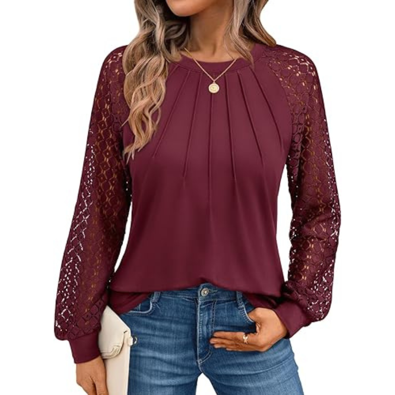 Long Sleeve Tops With Pleated Front And Lace Detail For Women