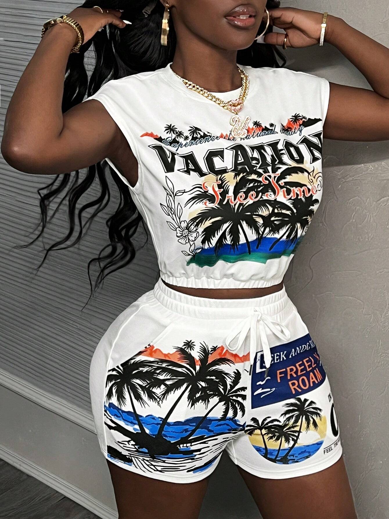 Casual Round Neck Cap Sleeve Cropped Top And Mini Shorts