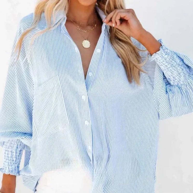 Casual Striped Button Down Shirt With Elastic Cuffs-Cozy Knit Sets