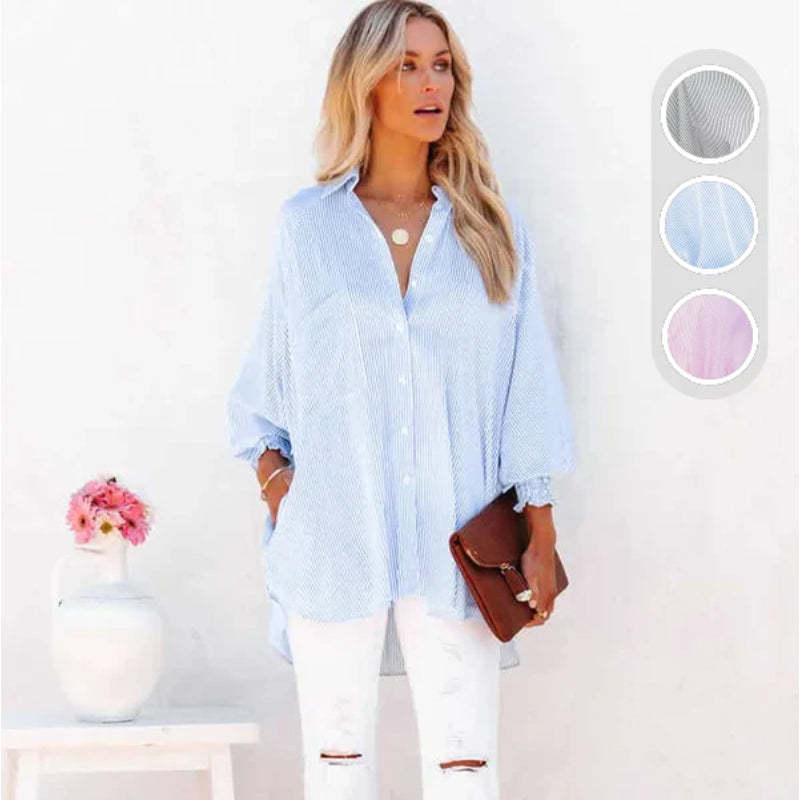 Casual Striped Button Down Shirt With Elastic Cuffs-Cozy Knit Sets