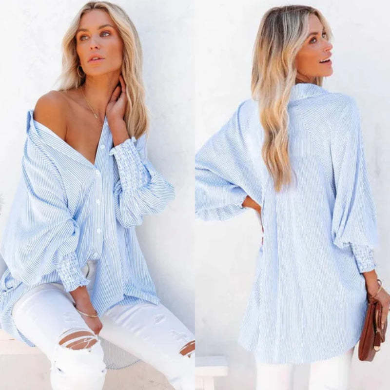 Casual Striped Button Down Shirt With Elastic Cuffs-Cozy Knit Sets