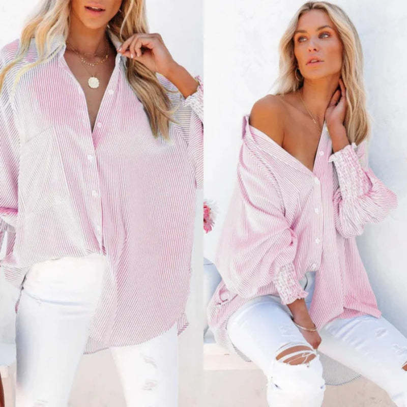 Casual Striped Button Down Shirt With Elastic Cuffs-Cozy Knit Sets